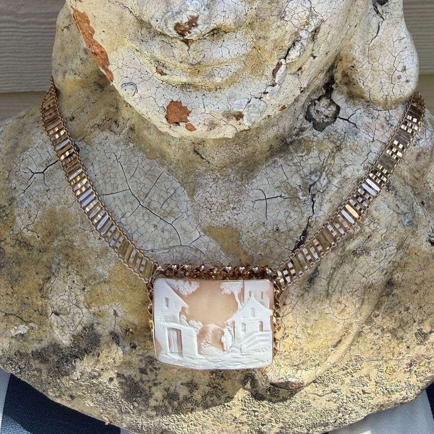 Victorian Hand-Carved Shell Cameo In Gold Fill. Milor of Italy Necklace. Antique