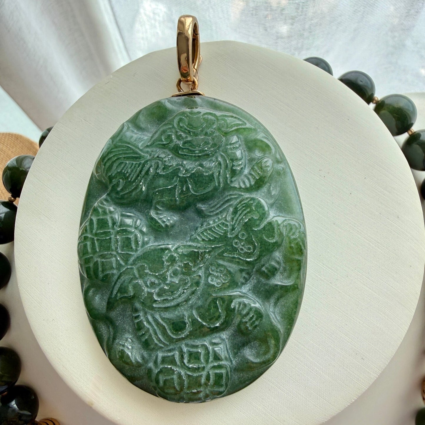 Vintage Green Jadeite Carved Necklace, Signed AKR. Removable Enhancer Pendant.
