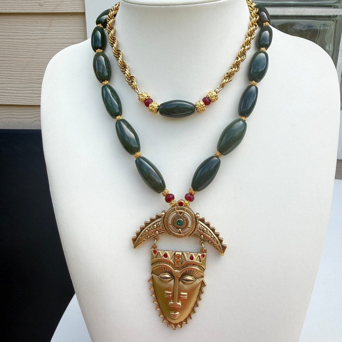 Vintage Avon Tribal Mask Necklace, Handmade Green Bloodstone Necklace.