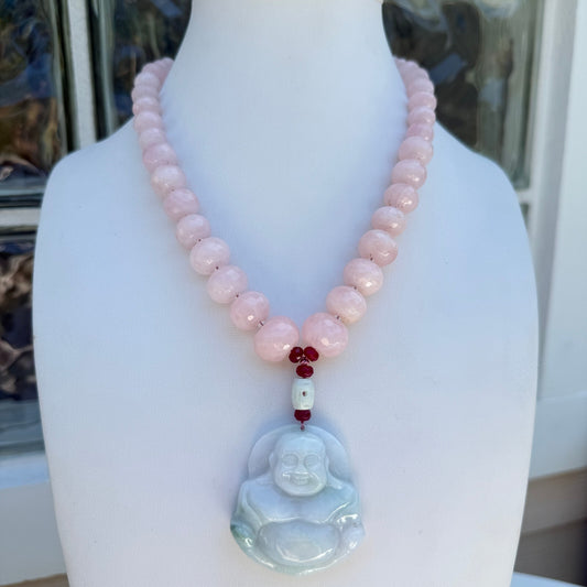 Rose Quartz, Pale Green Vintage Jade Laughing Buddha Handmade Necklace.