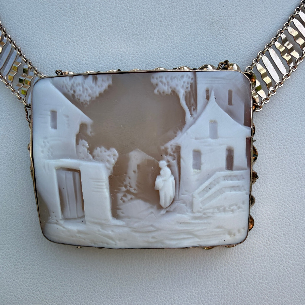 Victorian Hand-Carved Shell Cameo In Gold Fill. Milor of Italy Necklace. Antique