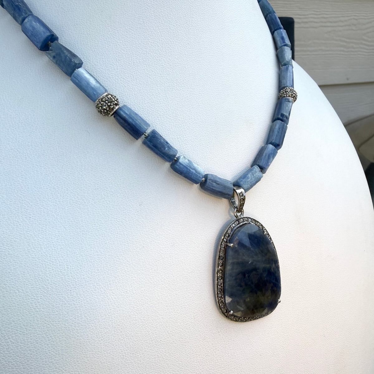 Sapphire Parve Diamonds Vintage Pendant. Sterling Silver Kyanite Necklace OOAK