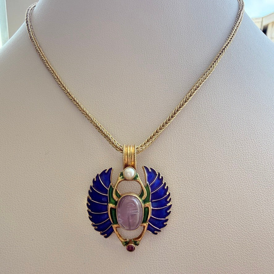 Egyptian Revival Scarab Necklace, Gold Vermeil 925, Enamel, Amethyst and Pearl.