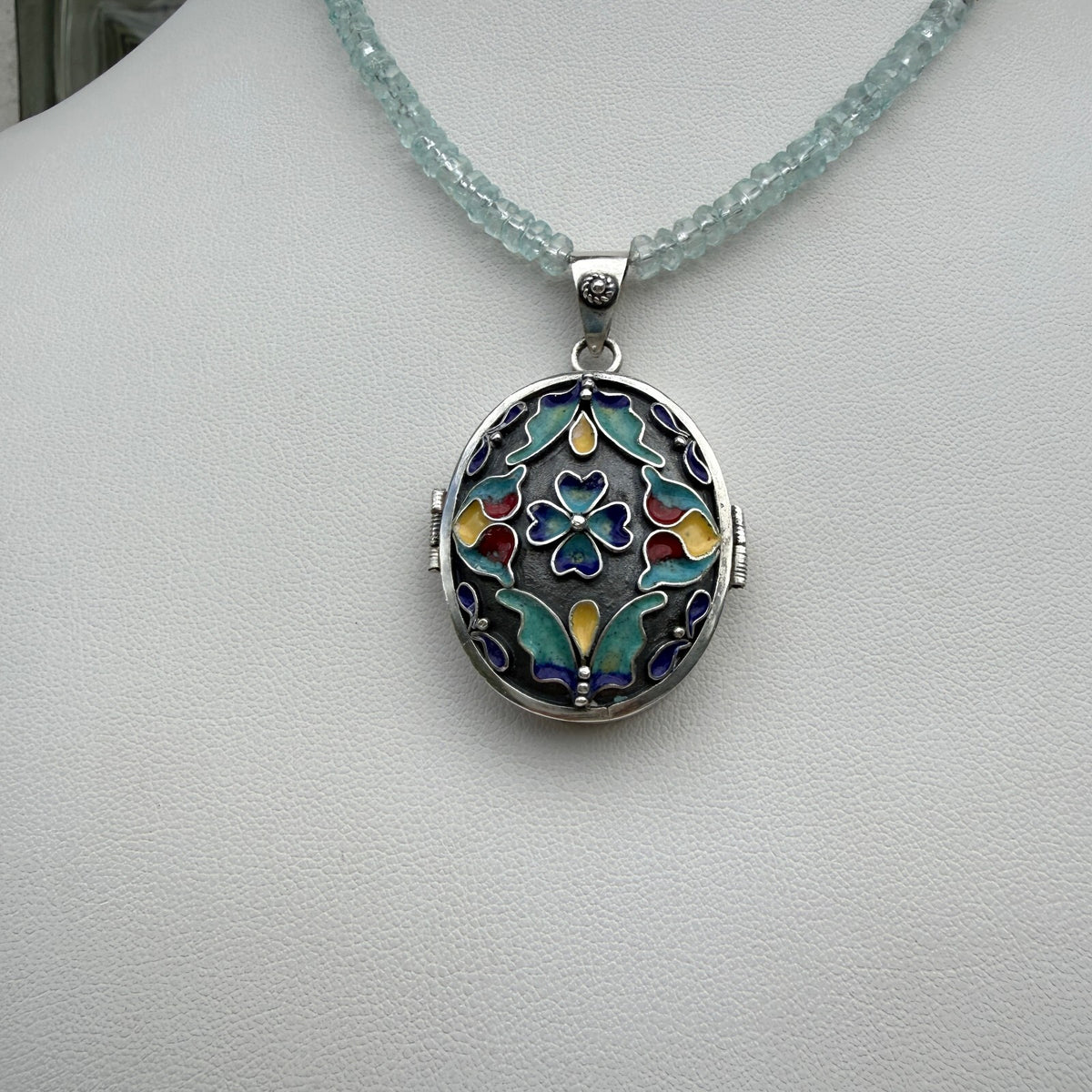 Vintage Sterling Silver Enamel Painted Locket. Handmade Aquamarine Necklace.