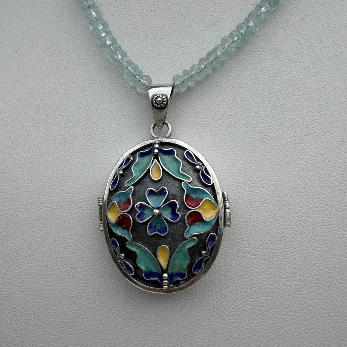 Vintage Sterling Silver Enamel Painted Locket. Handmade Aquamarine Necklace.