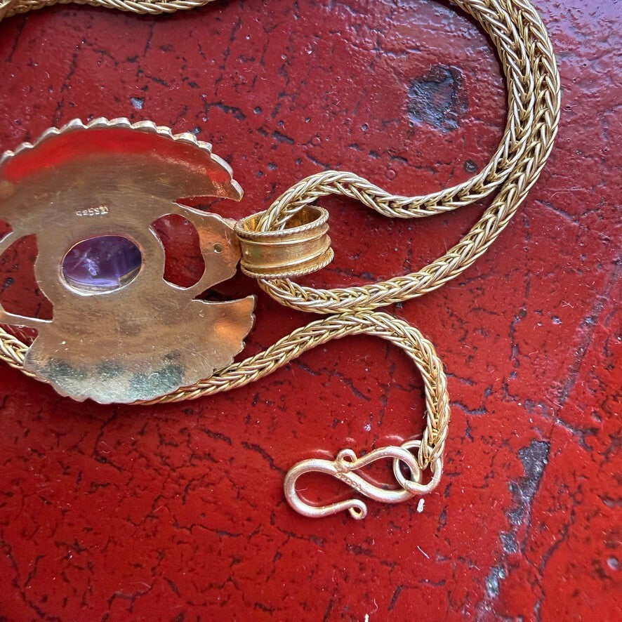 Egyptian Revival Scarab Necklace, Gold Vermeil 925, Enamel, Amethyst and Pearl.
