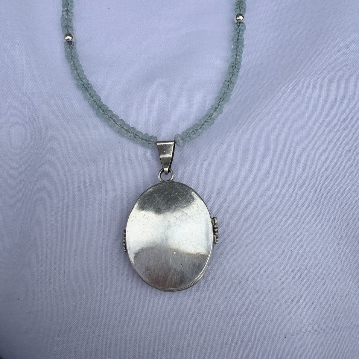 Vintage Sterling Silver Enamel Painted Locket. Handmade Aquamarine Necklace.
