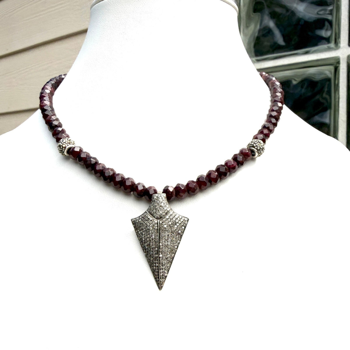 Pavé Diamond Arrowhead Pendent. Garnet  and Sterling  Necklace. One of a Kind.