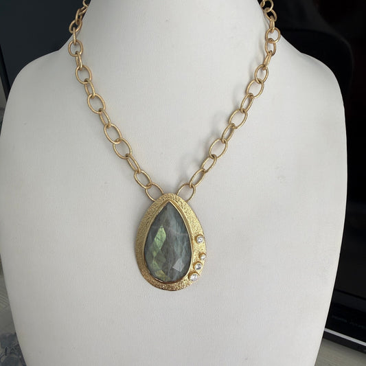 Labradorite Statement Necklace, Gold Teardrop Pendant, Malinda Maria.