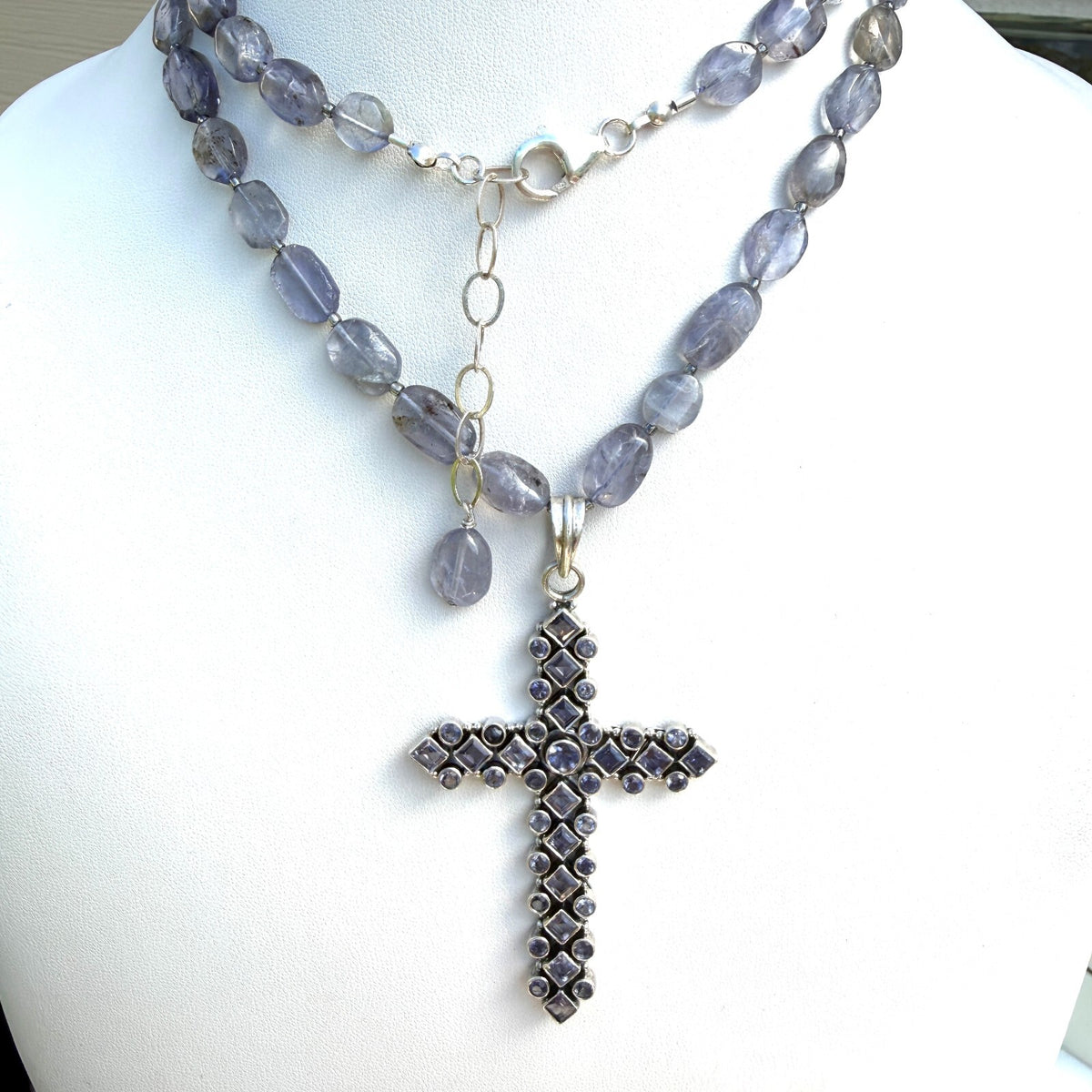 Natural Tanzanite Necklace. Sterling Silver Cross. Lavender Crystal Cross. OOAK