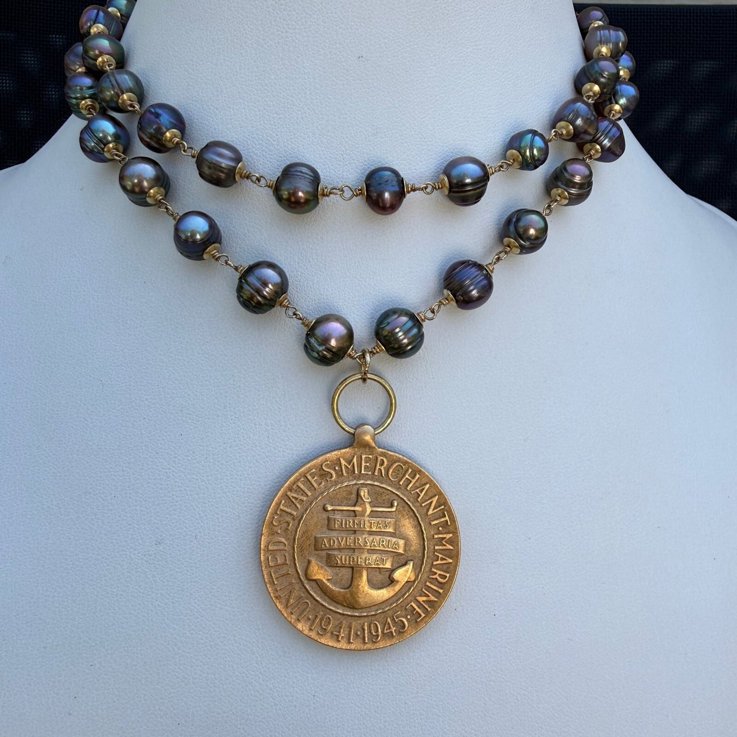 Vintage WWII Victory Medal Pendant. Handmade Peacock Freshwater Pearls Necklace.