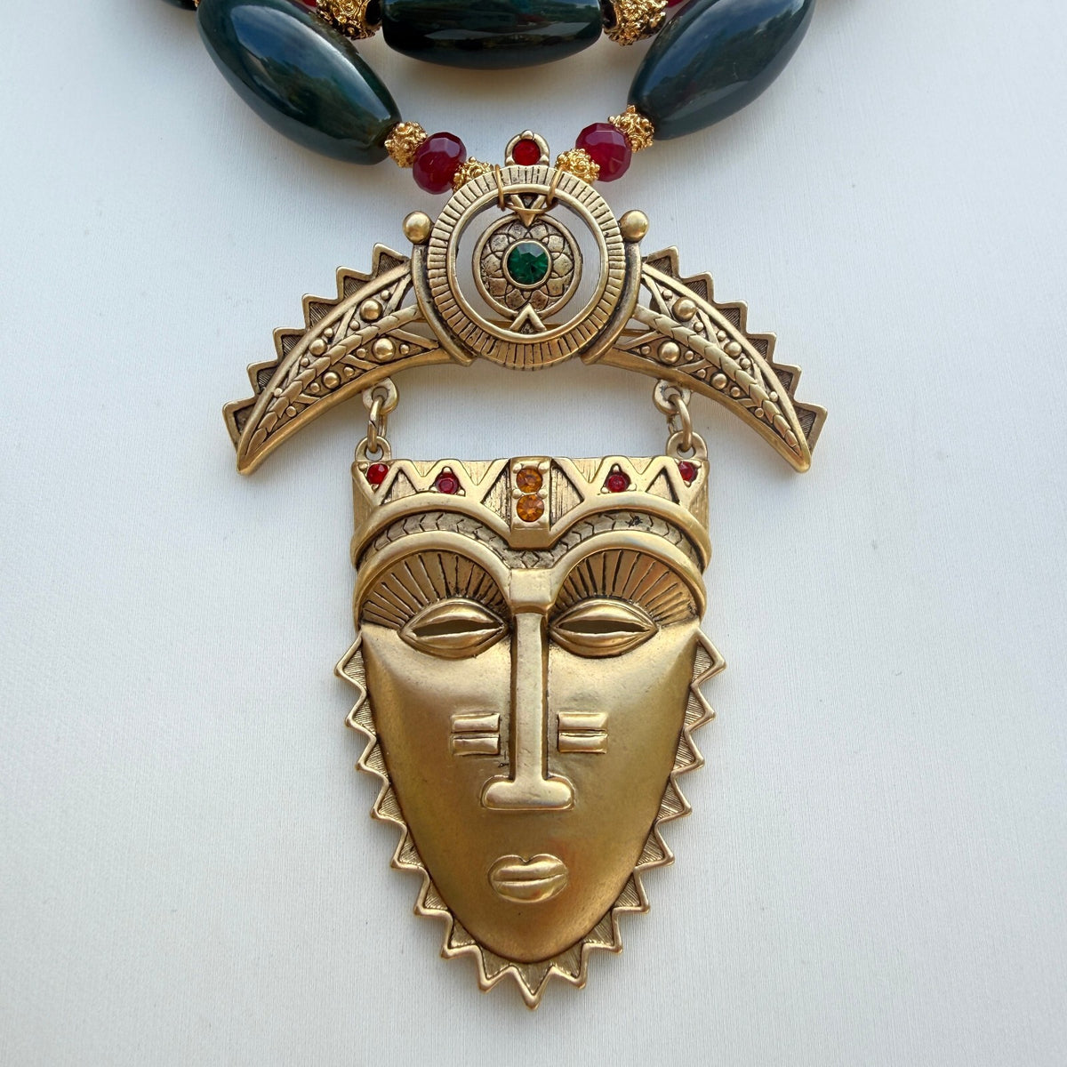 Vintage Avon Tribal Mask Necklace, Handmade Green Bloodstone Necklace.