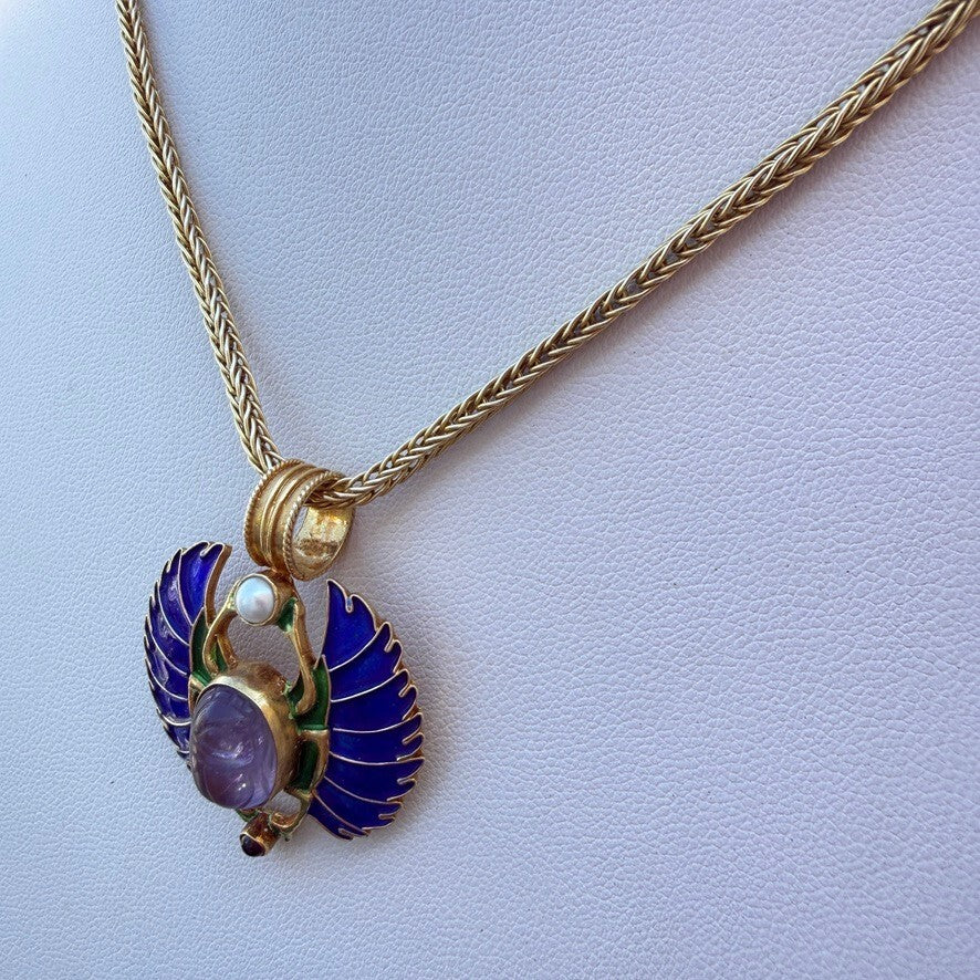 Egyptian Revival Scarab Necklace, Gold Vermeil 925, Enamel, Amethyst and Pearl.