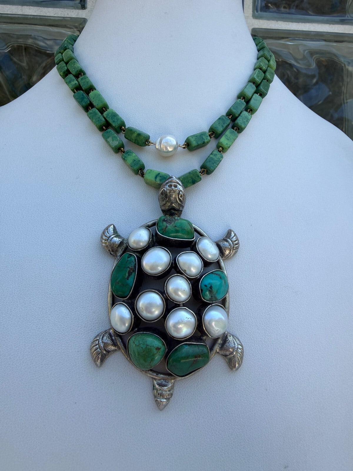 Green Turquoise  Pearl Turtle Pendant | Pearl & Nephrite Jade Necklace.