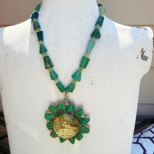 Handmade Turquoise Green Necklace. World Map Statement Pendant Vintage Inspired.