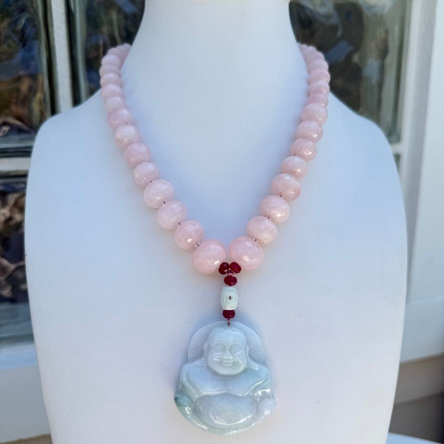 Rose Quartz, Pale Green Vintage Jade Laughing Buddha Handmade Necklace.