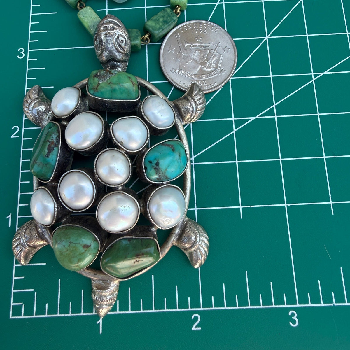 Green Turquoise  Pearl Turtle Pendant | Pearl & Nephrite Jade Necklace.