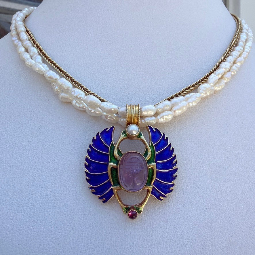 Egyptian Revival Scarab Necklace, Gold Vermeil 925, Enamel, Amethyst and Pearl.