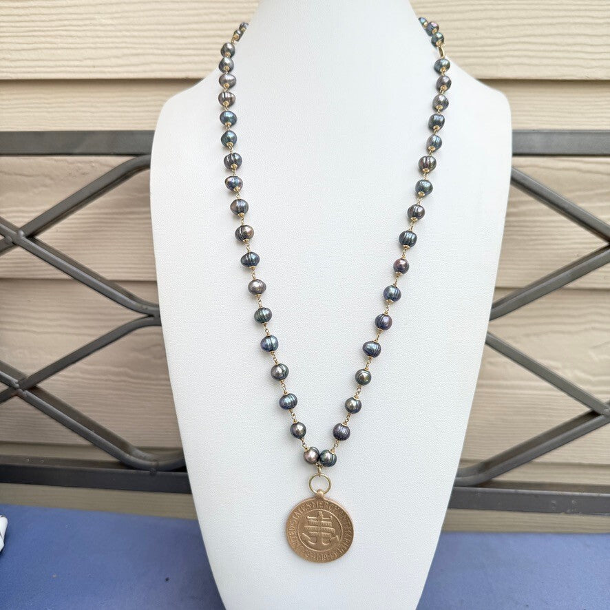 Vintage WWII Victory Medal Pendant. Handmade Peacock Freshwater Pearls Necklace.