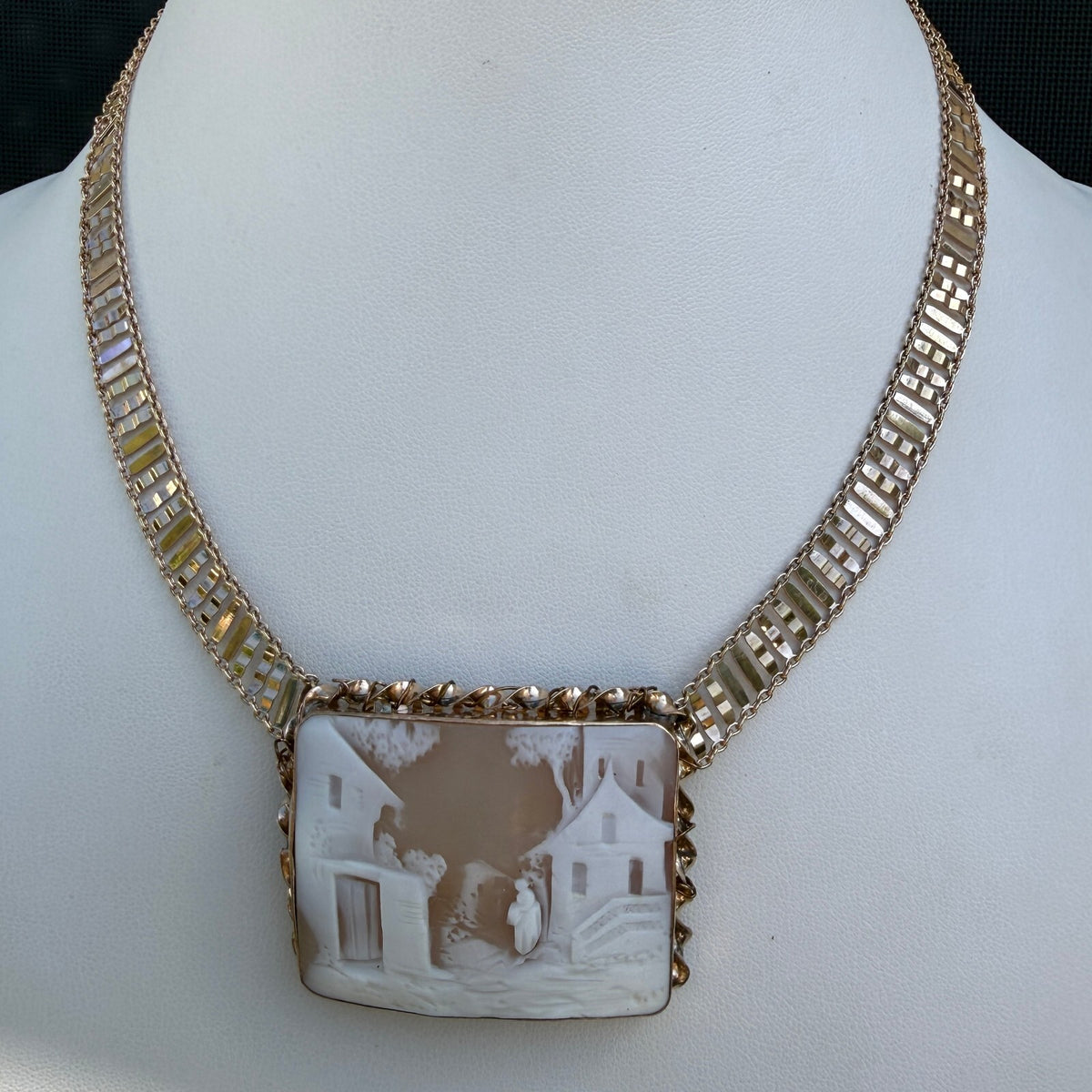 Victorian Hand-Carved Shell Cameo In Gold Fill. Milor of Italy Necklace. Antique