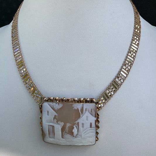 Victorian Hand-Carved Shell Cameo In Gold Fill. Milor of Italy Necklace. Antique