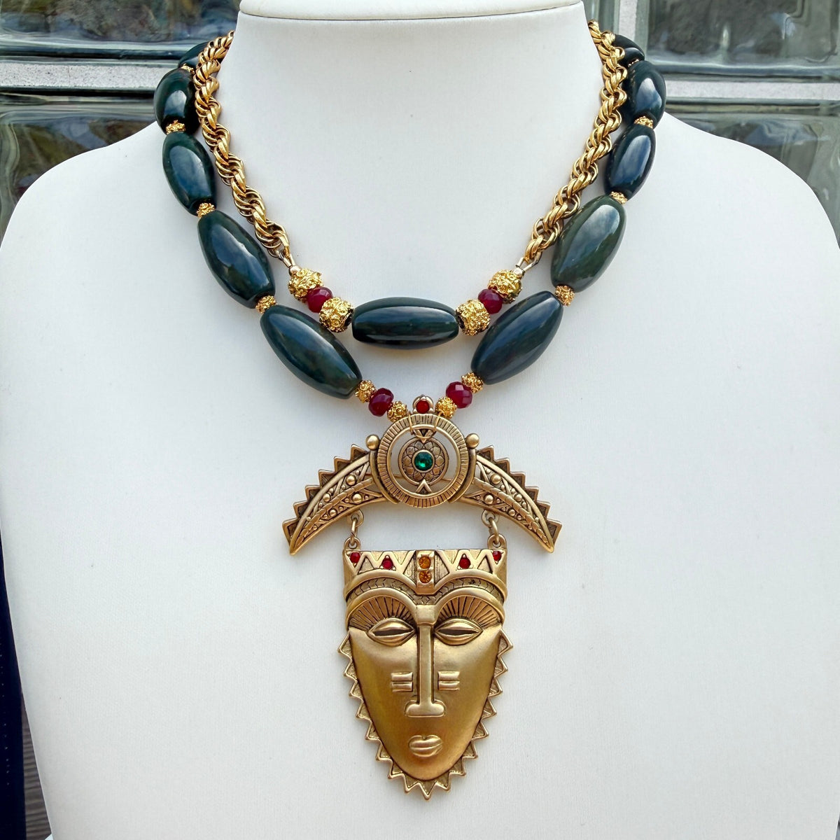 Vintage Avon Tribal Mask Necklace, Handmade Green Bloodstone Necklace.