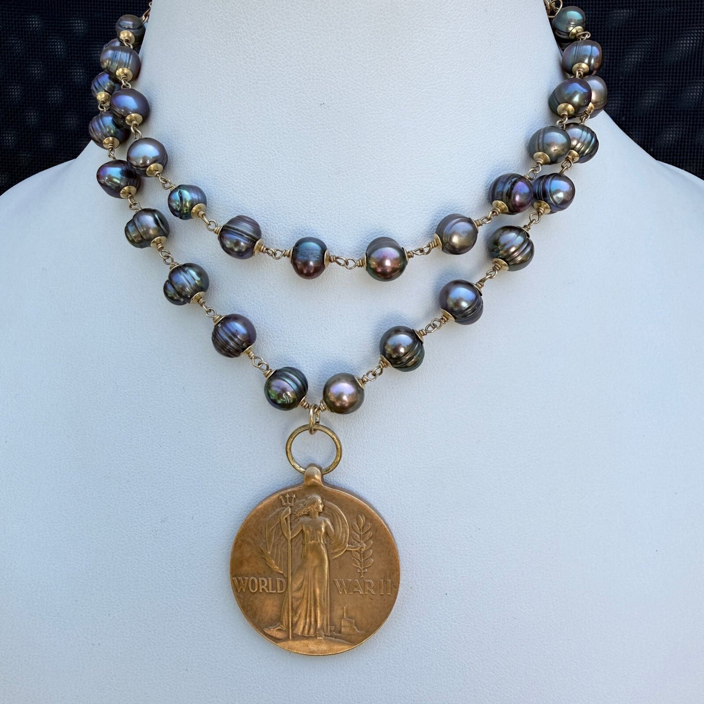 Vintage WWII Victory Medal Pendant. Handmade Peacock Freshwater Pearls Necklace.