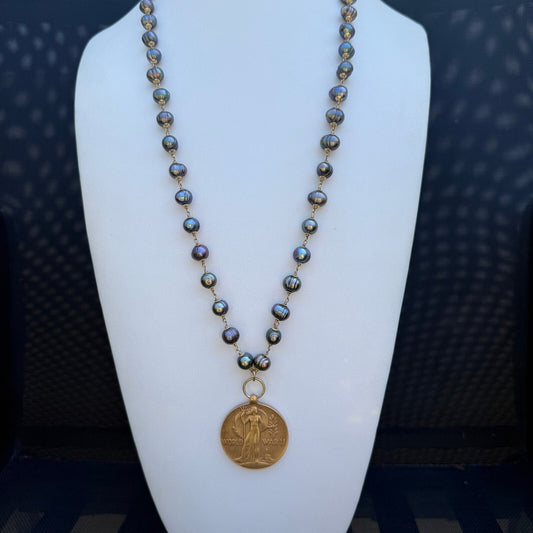 Vintage WWII Victory Medal Pendant. Handmade Peacock Freshwater Pearls Necklace.