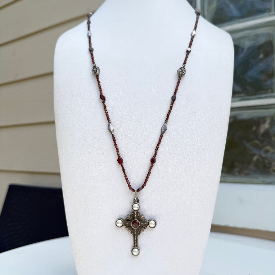 Vintage Austro-Hungarian Sterling Silver Garnet Cross Necklace.