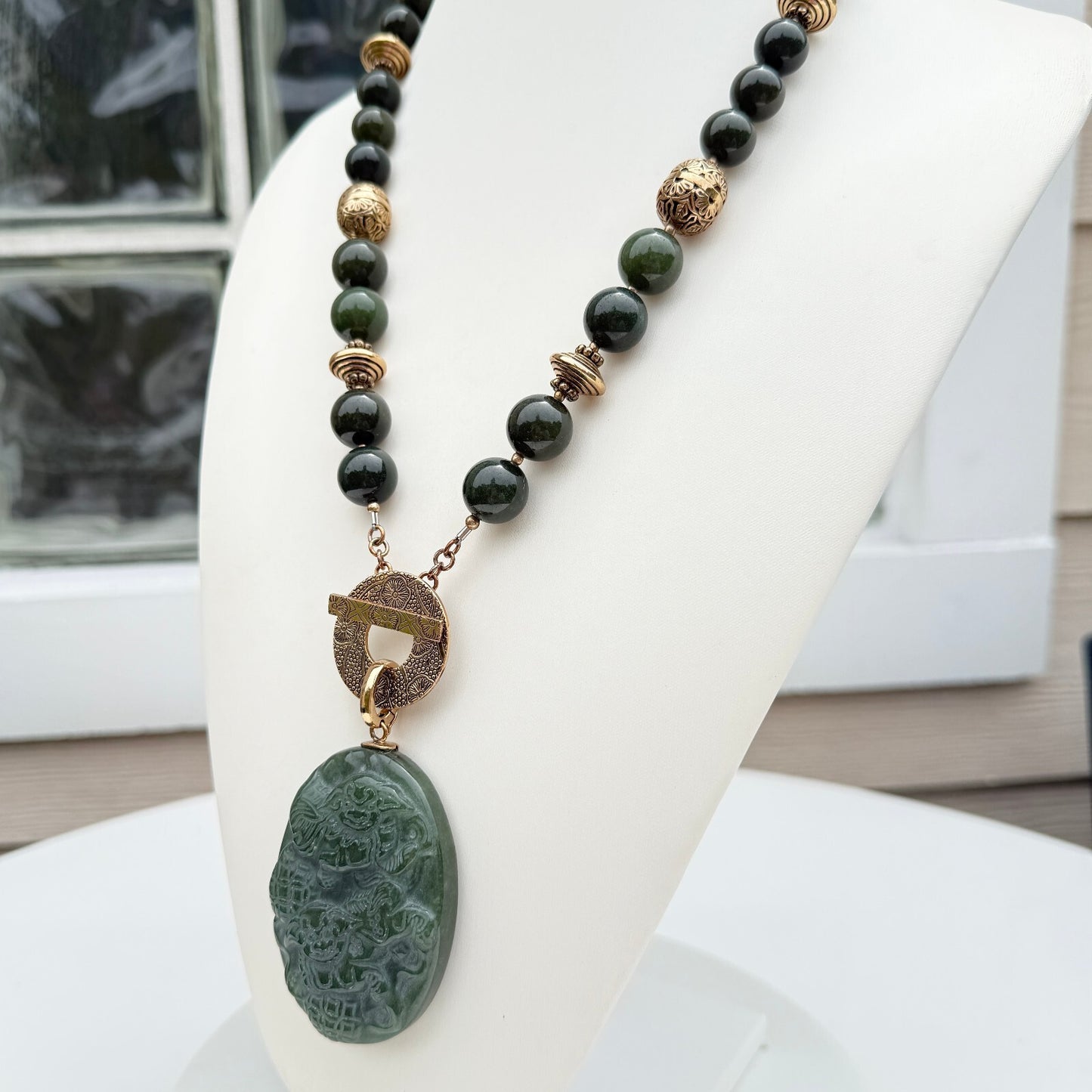 Vintage Green Jadeite Carved Necklace, Signed AKR. Removable Enhancer Pendant.