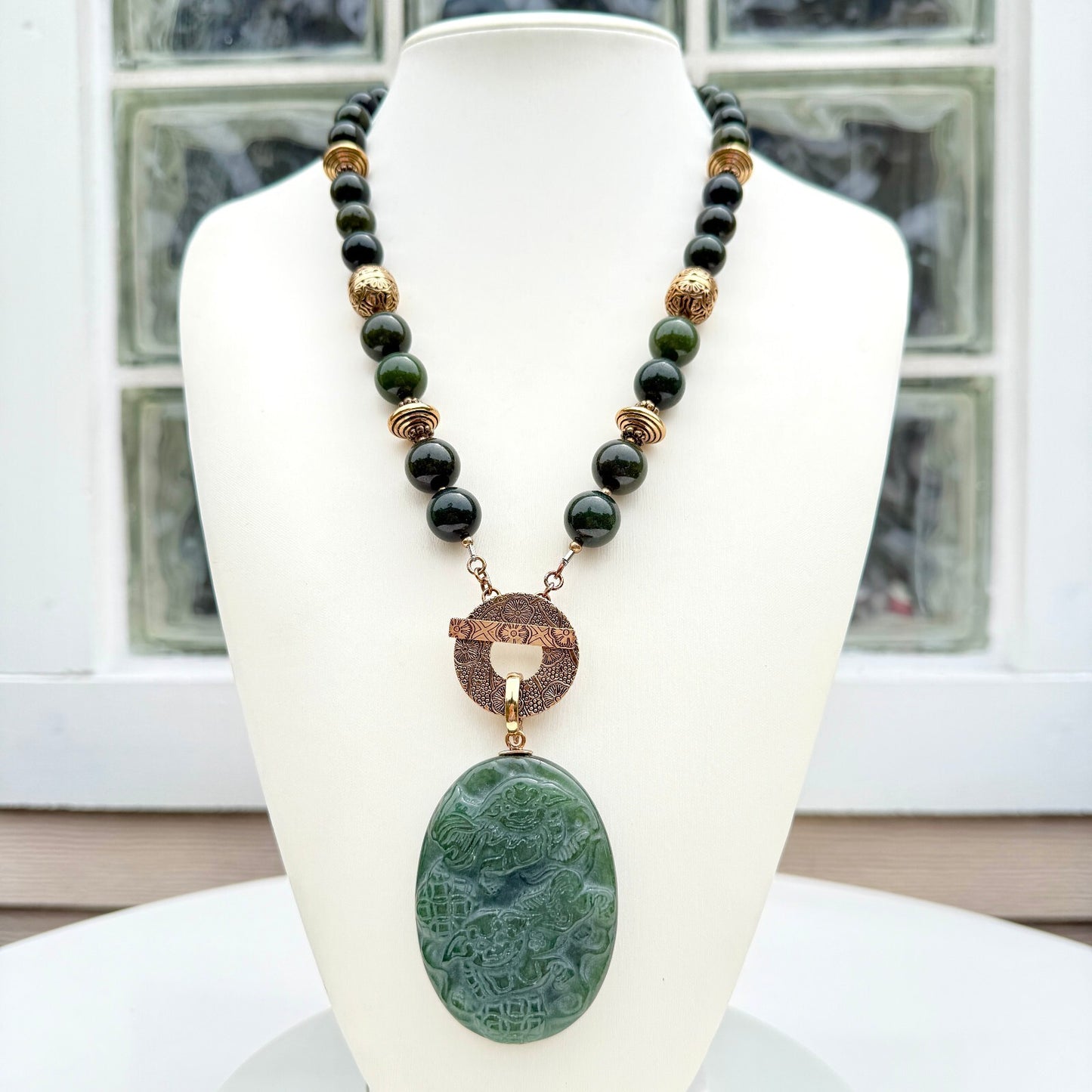 Vintage Green Jadeite Carved Necklace, Signed AKR. Removable Enhancer Pendant.