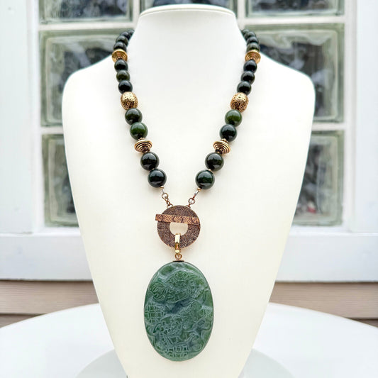 Vintage Green Jadeite Carved Necklace, Signed AKR. Removable Enhancer Pendant.