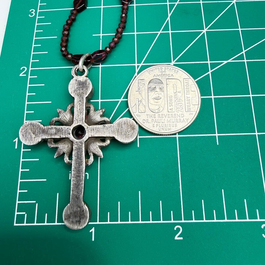 Vintage Austro-Hungarian Sterling Silver Garnet Cross Necklace.
