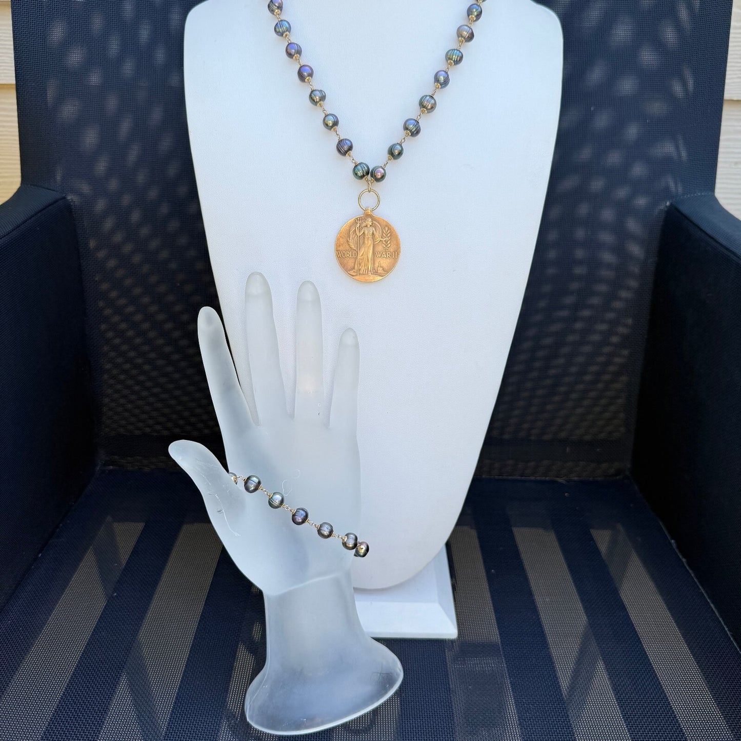 Vintage WWII Victory Medal Pendant. Handmade Peacock Freshwater Pearls Necklace.