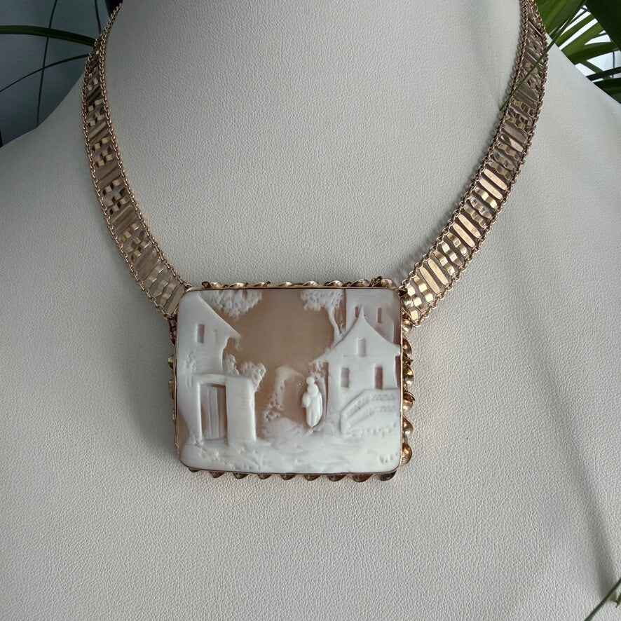Victorian Hand-Carved Shell Cameo In Gold Fill. Milor of Italy Necklace. Antique