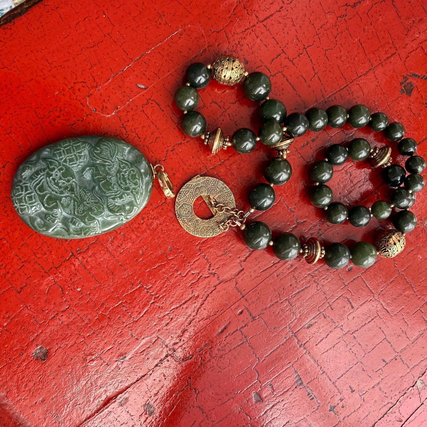 Vintage Green Jadeite Carved Necklace, Signed AKR. Removable Enhancer Pendant.