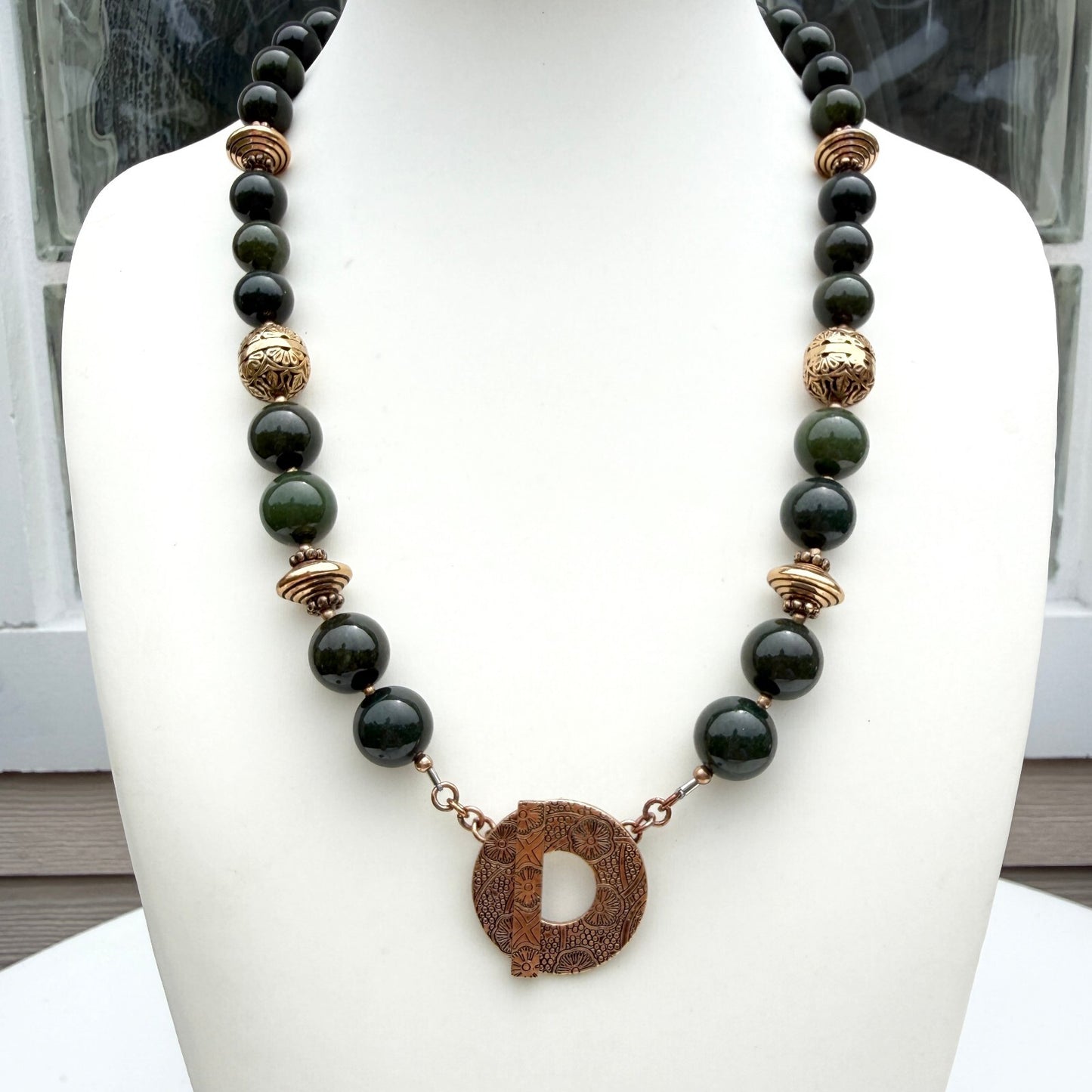 Vintage Green Jadeite Carved Necklace, Signed AKR. Removable Enhancer Pendant.