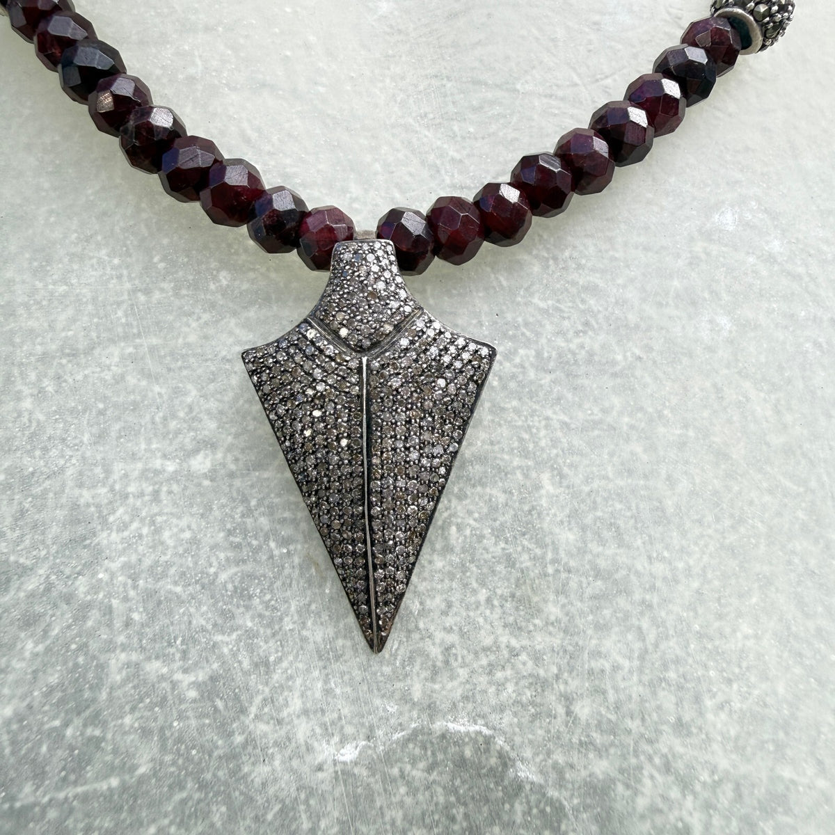 Pavé Diamond Arrowhead Pendent. Garnet  and Sterling  Necklace. One of a Kind.