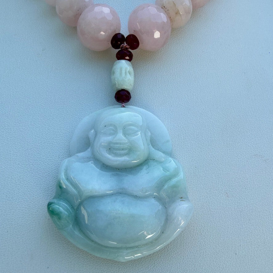 Rose Quartz, Pale Green Vintage Jade Laughing Buddha Handmade Necklace.