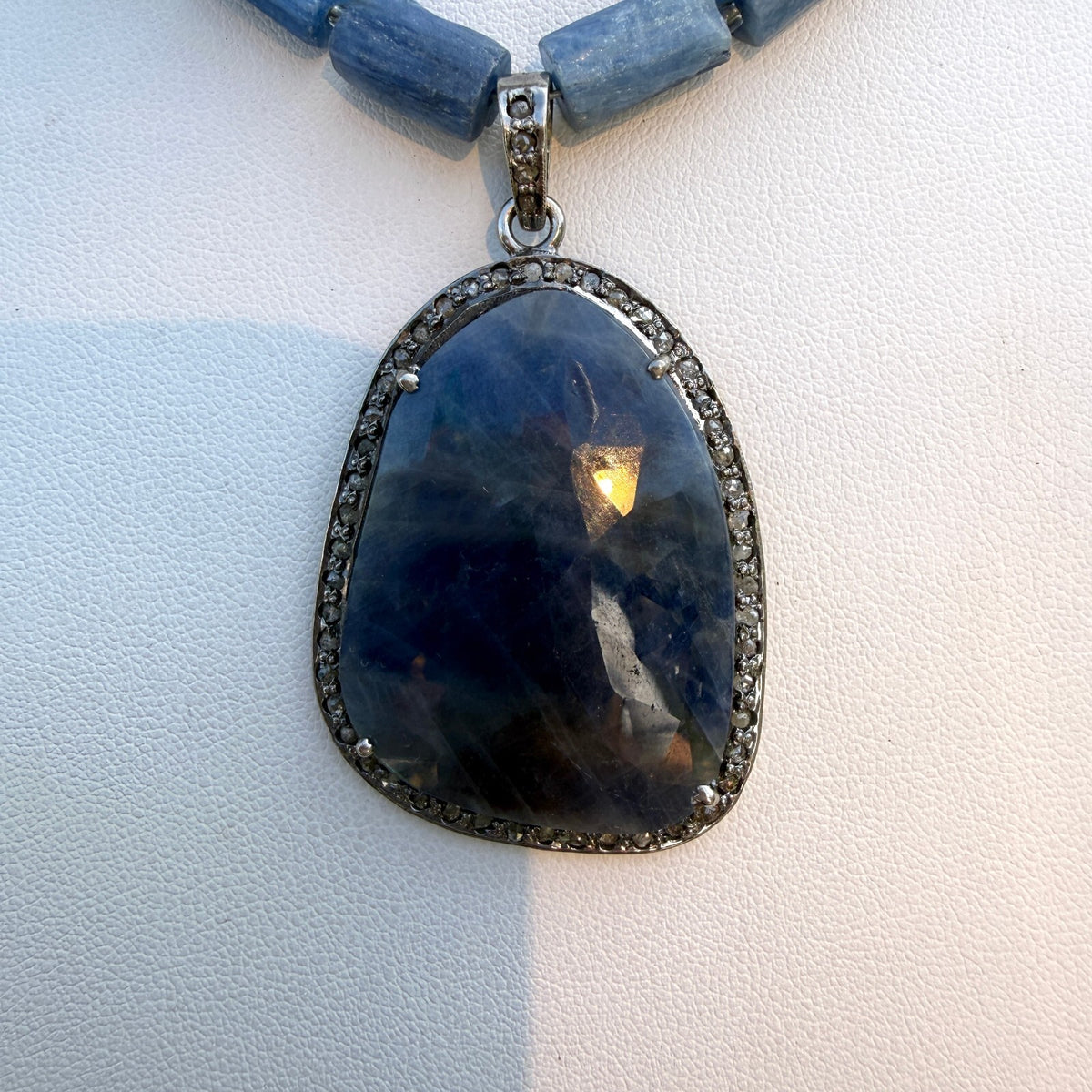Sapphire Parve Diamonds Vintage Pendant. Sterling Silver Kyanite Necklace OOAK