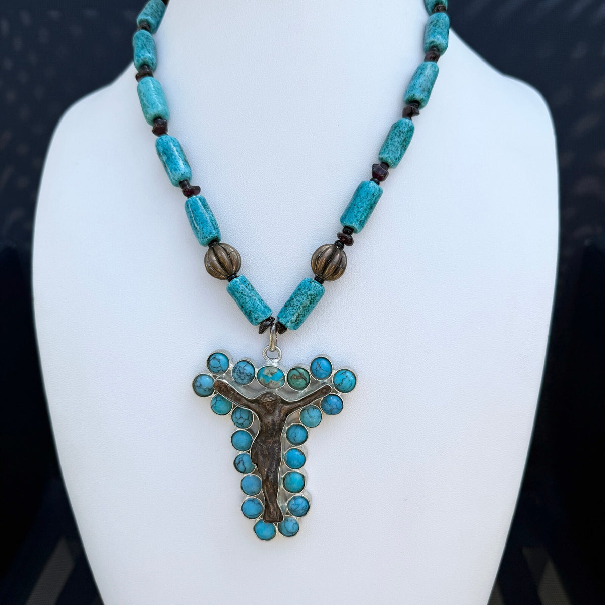 Handmade Turquoise & Garnet Crucifix Necklace
