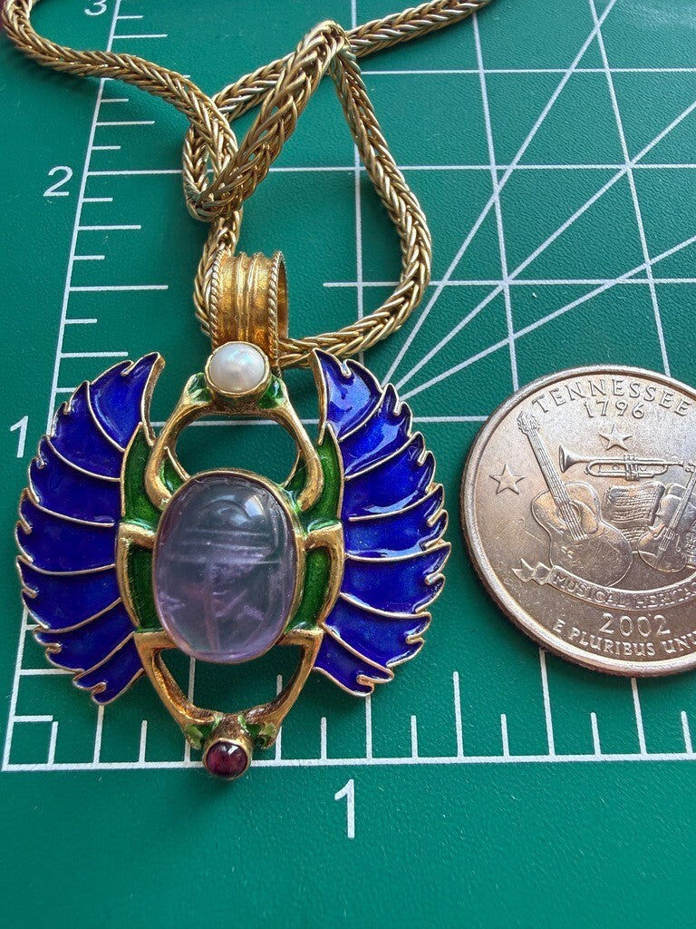 Egyptian Revival Scarab Necklace, Gold Vermeil 925, Enamel, Amethyst and Pearl.