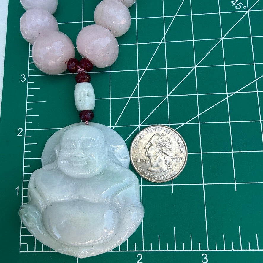 Rose Quartz, Pale Green Vintage Jade Laughing Buddha Handmade Necklace.