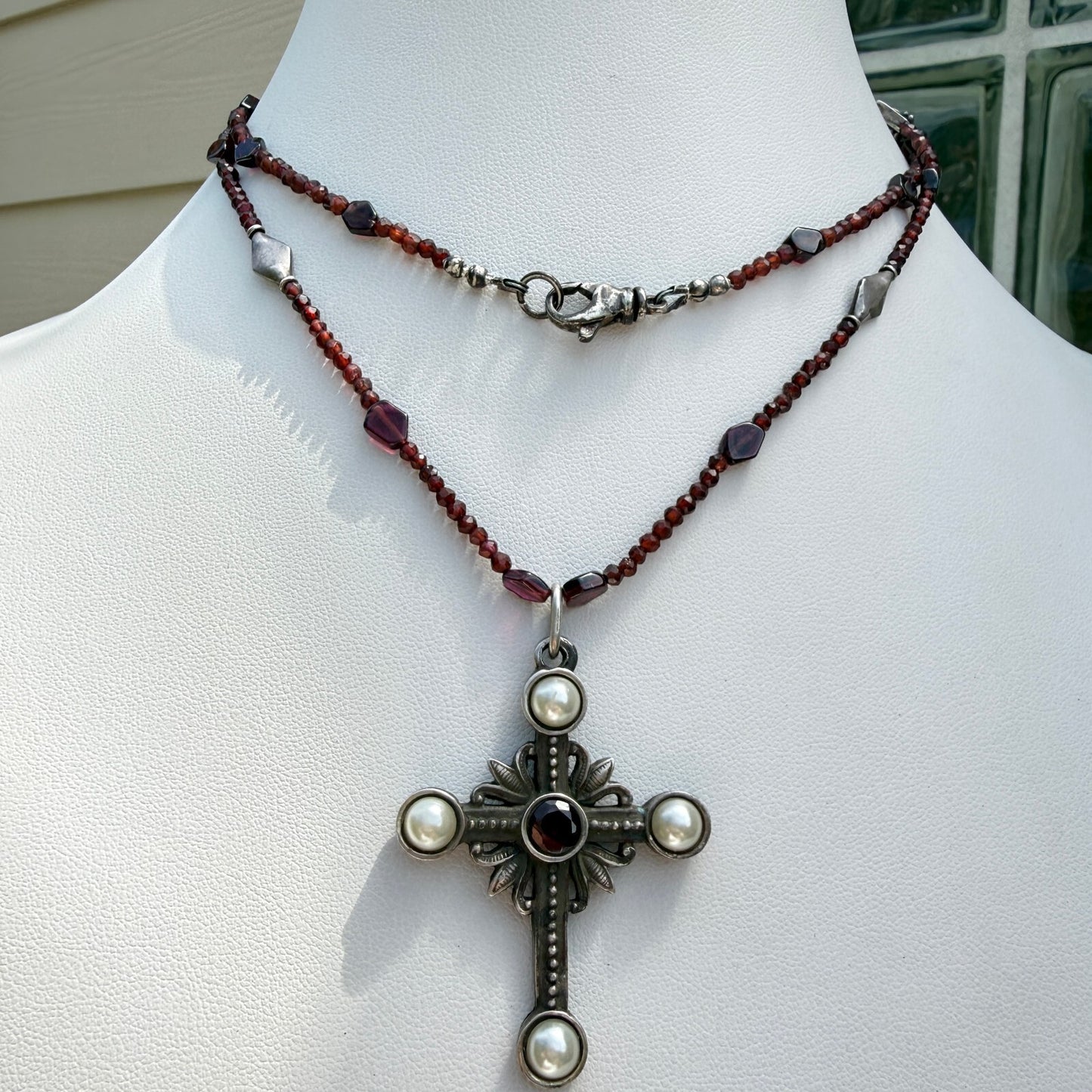 Vintage Austro-Hungarian Sterling Silver Garnet Cross Necklace.