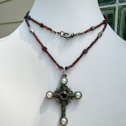 Vintage Austro-Hungarian Sterling Silver Garnet Cross Necklace.