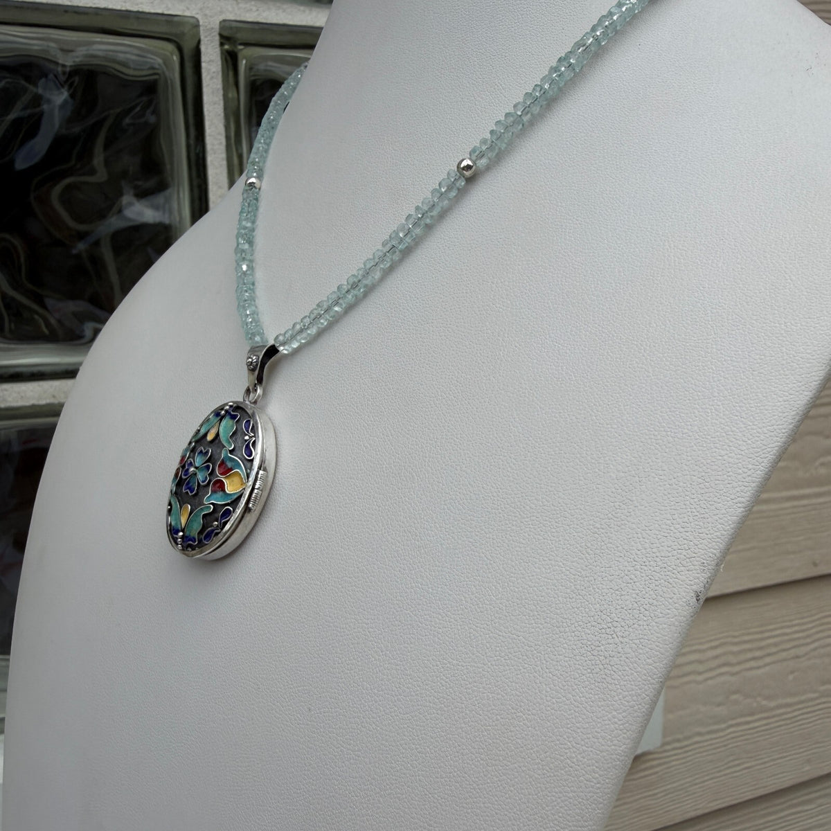 Vintage Sterling Silver Enamel Painted Locket. Handmade Aquamarine Necklace.