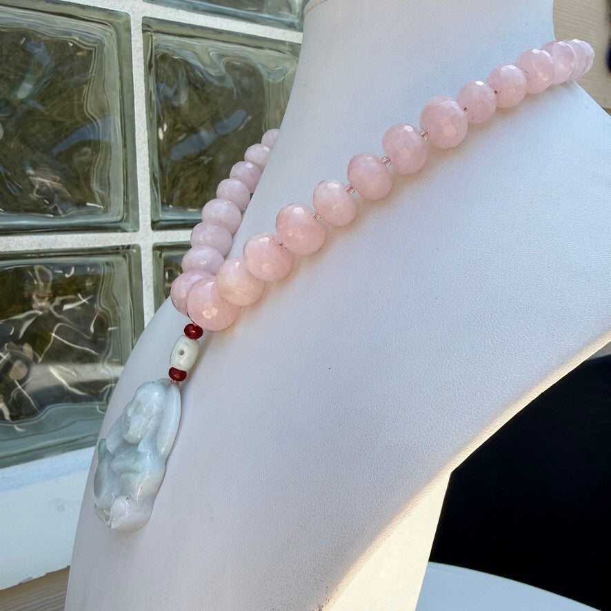 Rose Quartz, Pale Green Vintage Jade Laughing Buddha Handmade Necklace.