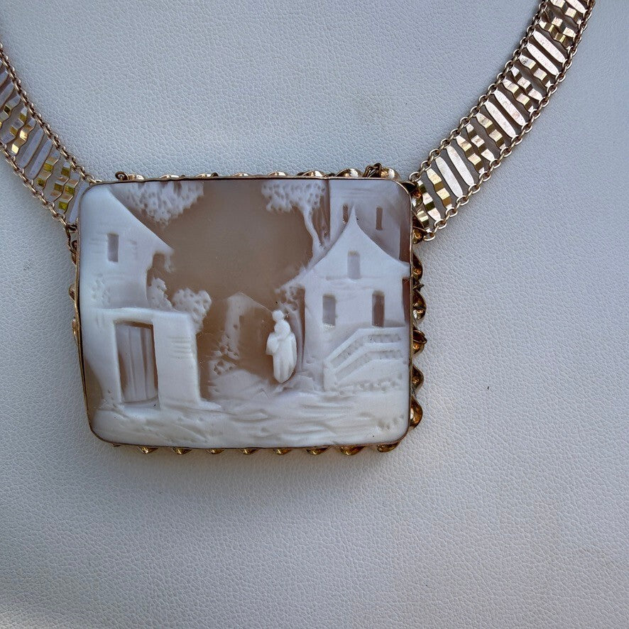 Victorian Hand-Carved Shell Cameo In Gold Fill. Milor of Italy Necklace. Antique