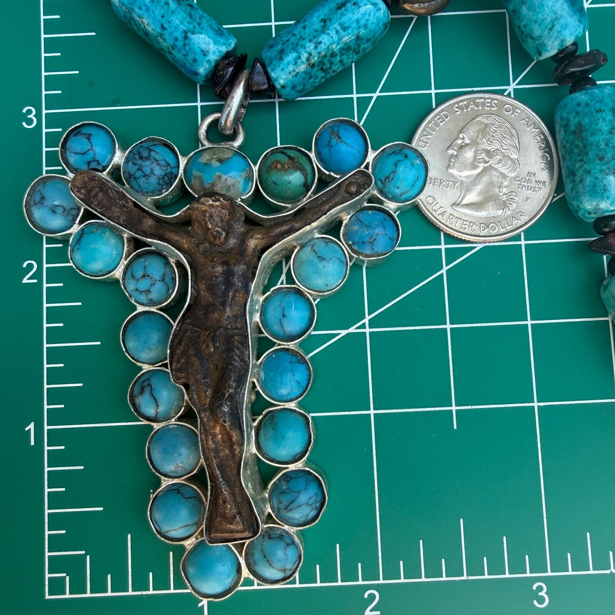 Handmade Turquoise & Garnet Crucifix Necklace