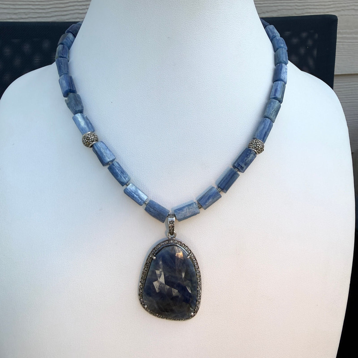 Sapphire Parve Diamonds Vintage Pendant. Sterling Silver Kyanite Necklace OOAK